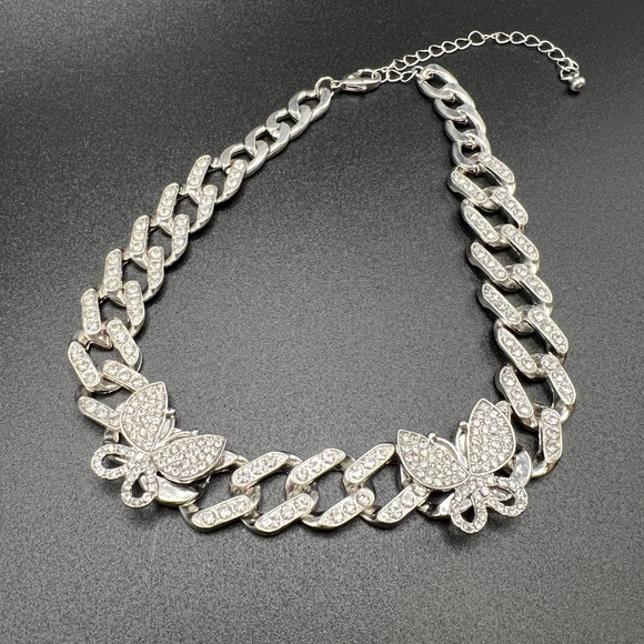 Jewelry - Butterfly Cuban Link Chain Necklace Silver Tone Y2K Rhinestone Bling Iced Out